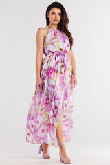 awama long chiffon daydress with elastic lining and thin straps tied at the back  Adomoo