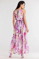 awama long chiffon daydress with elastic lining and thin straps tied at the back  Adomoo