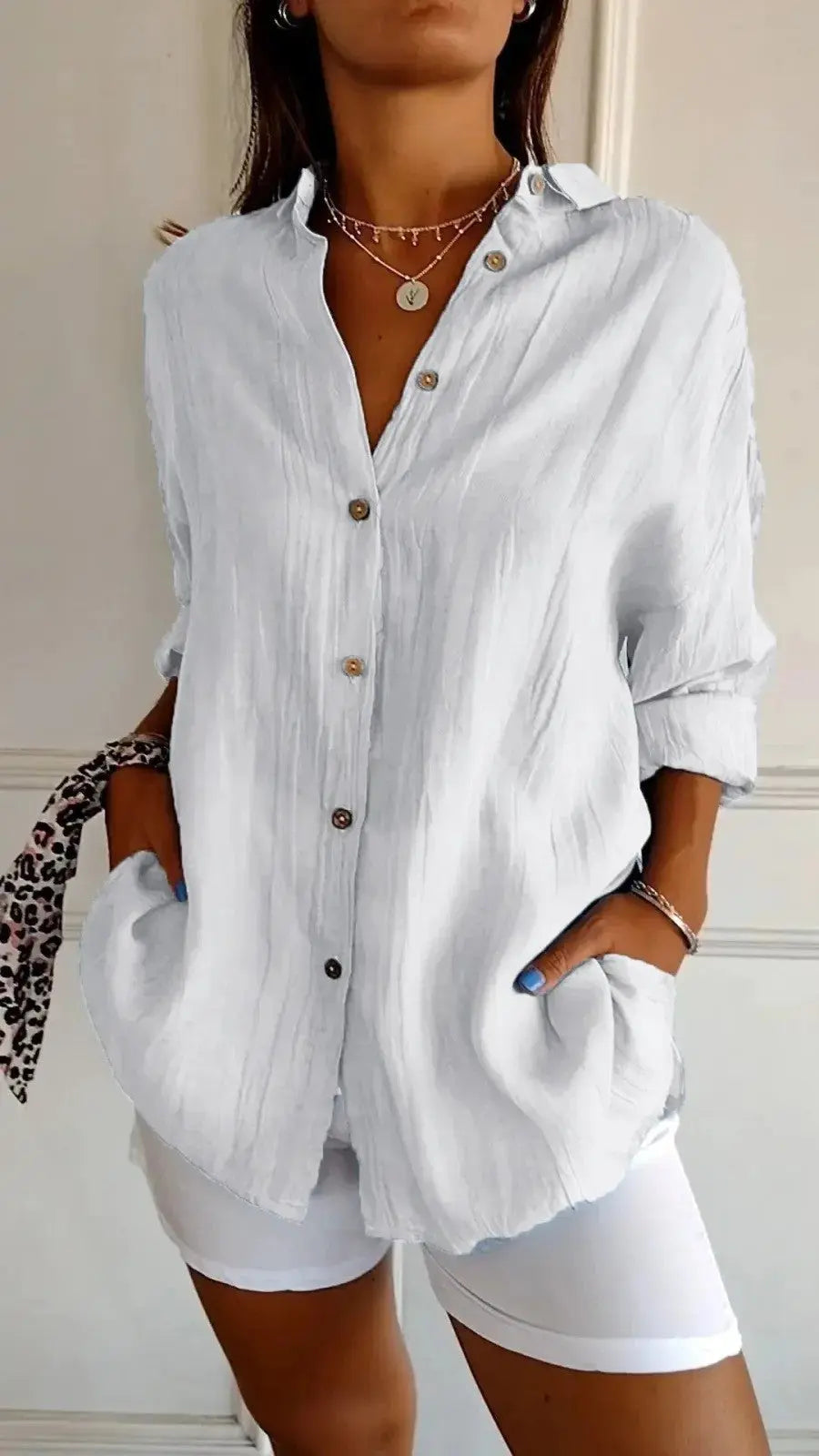 Popular Spring And Summer New Women's Loose Open Button Shirt Solid Color Top  Adomoo