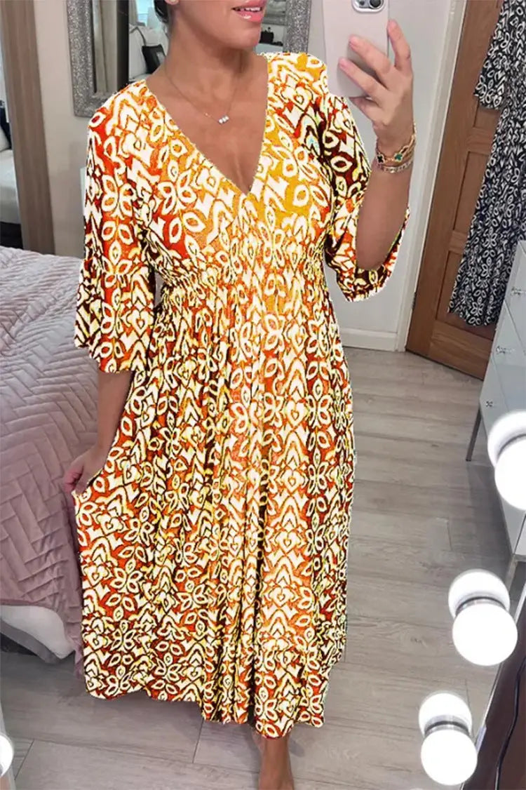 New Plus Size Super Fairy V-neck Floral Dress For Beach Vacation, Loose Long Skirt  Adomoo