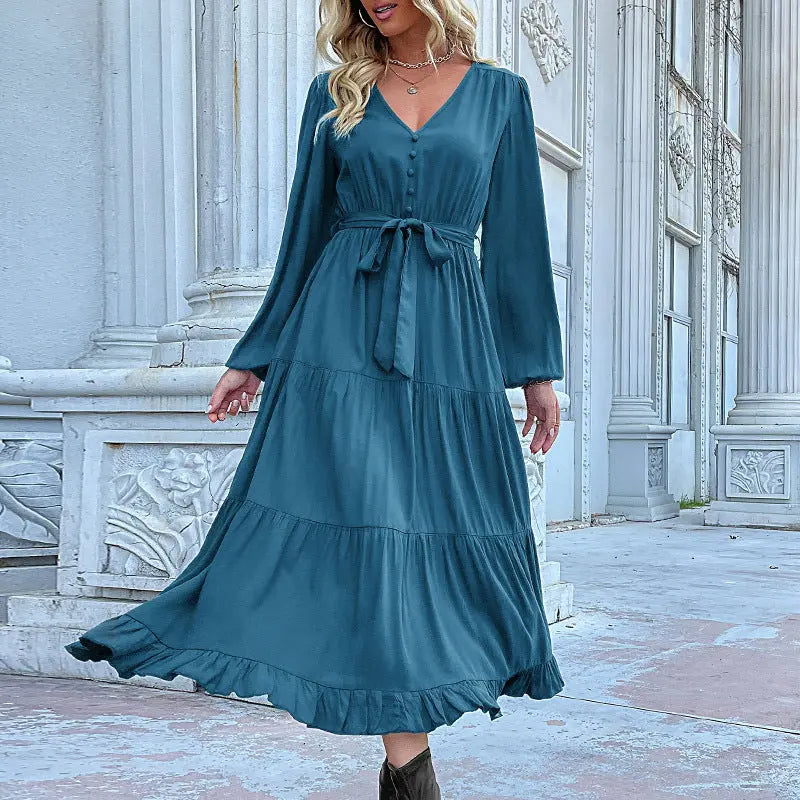 Casual Long Sleeve Solid Color Dress Draping Effect  Adomoo