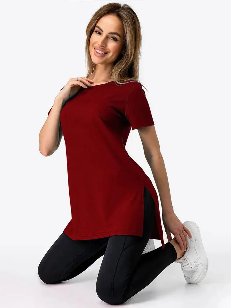 Slit Loose Round Neck Short Sleeve Sweater  Adomoo