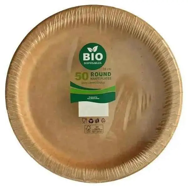 Bio Disposables 50 Round Kraft Plates 26cm  Adomoo
