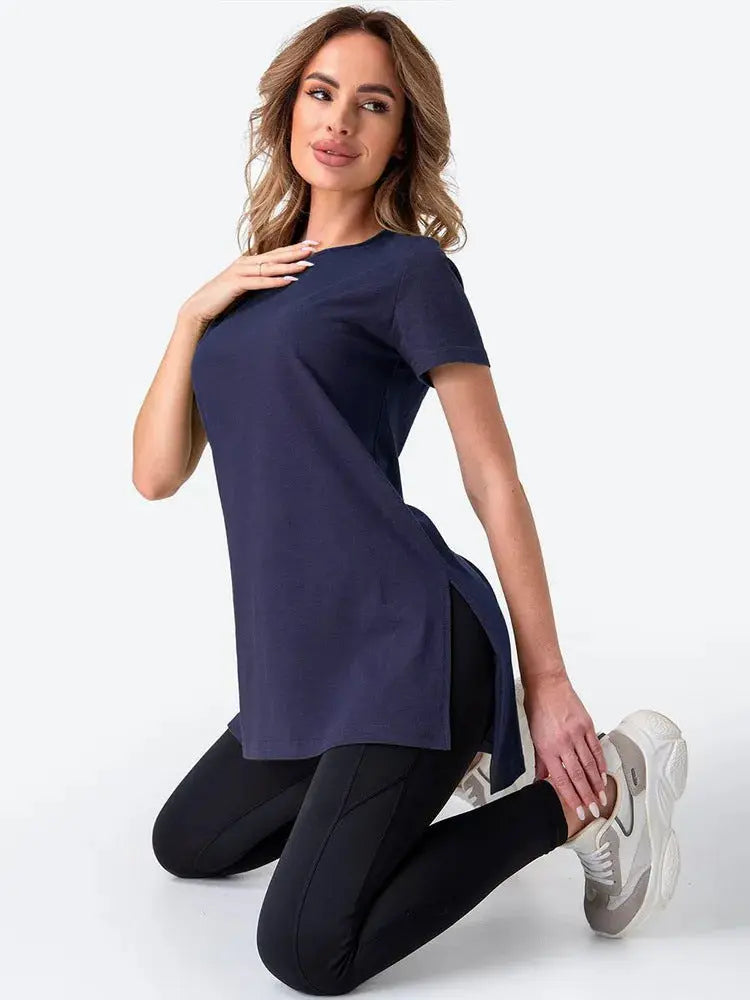 Slit Loose Round Neck Short Sleeve Sweater  Adomoo