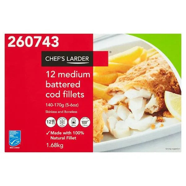 Chef's Larder 12 Medium Battered Cod Fillets 1.68kg - Honesty Sales U.K