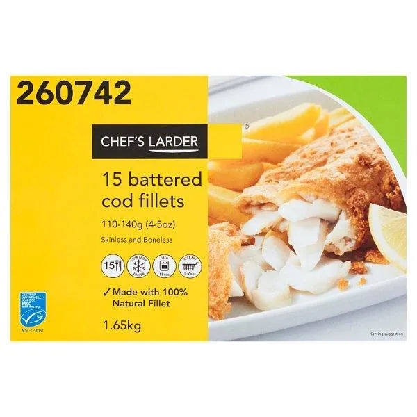 Chef's Larder 15 Battered Cod Fillets 1.65kg - Honesty Sales U.K