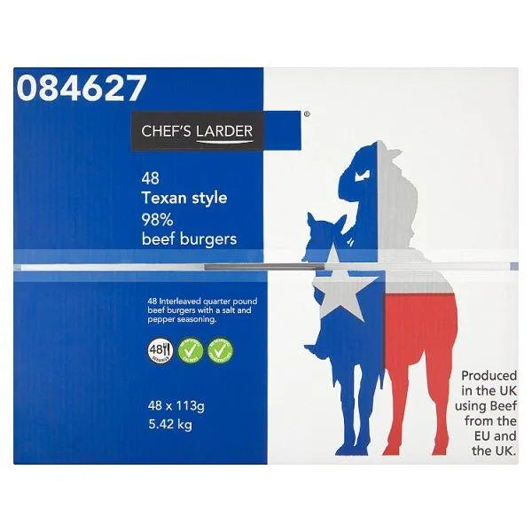 Chef's Larder 48 Texan Style 98% Beef Burgers 5.42kg - Honesty Sales U.K