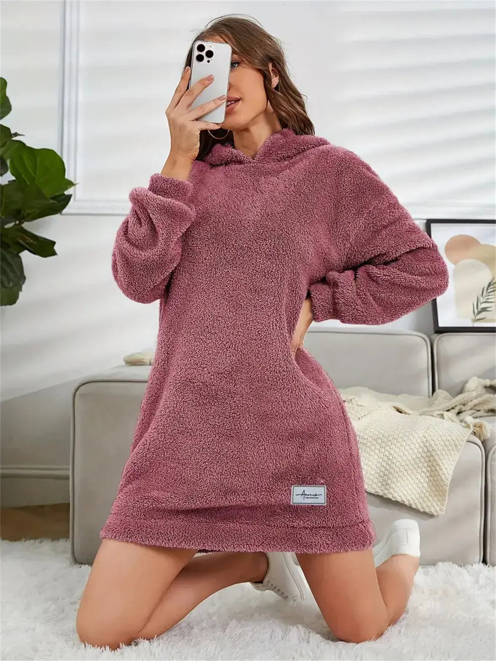 Women's Hooded Long Sleeve Plush Dress  Adomoo