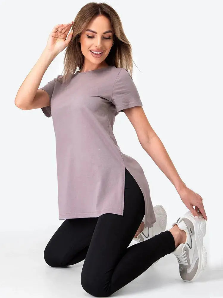 Slit Loose Round Neck Short Sleeve Sweater  Adomoo
