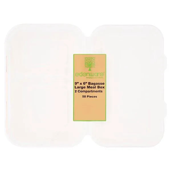 Edenware 9'' x 6" Bagasse Large Meal Box 50 Pieces - Honesty Sales U.K