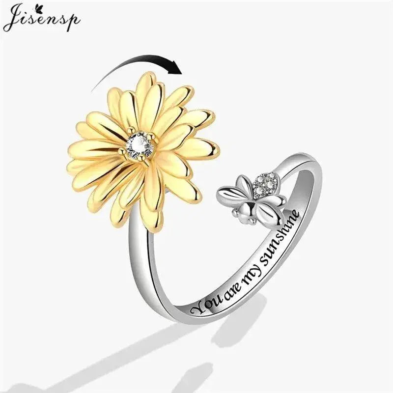 Exquisite Spinning Sunflower Bee Anxiety Ring For Women Adjustable Fidget Spinner Rings Wedding Jewelry Summer Design Anillos  Adomoo