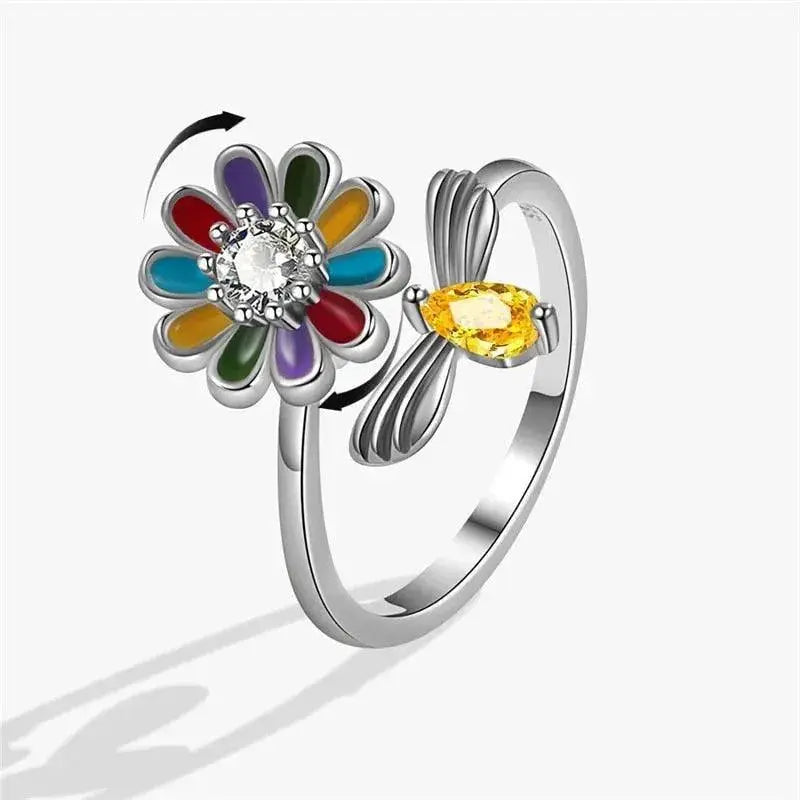 Exquisite Spinning Sunflower Bee Anxiety Ring For Women Adjustable Fidget Spinner Rings Wedding Jewelry Summer Design Anillos  Adomoo