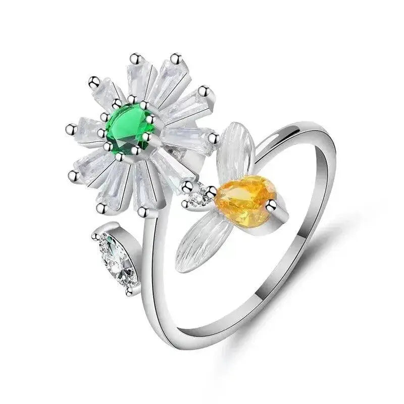 Exquisite Spinning Sunflower Bee Anxiety Ring For Women Adjustable Fidget Spinner Rings Wedding Jewelry Summer Design Anillos  Adomoo
