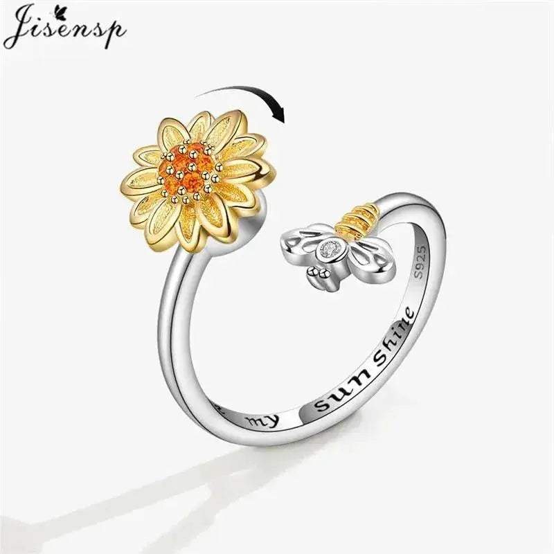 Exquisite Spinning Sunflower Bee Anxiety Ring For Women Adjustable Fidget Spinner Rings Wedding Jewelry Summer Design Anillos  Adomoo