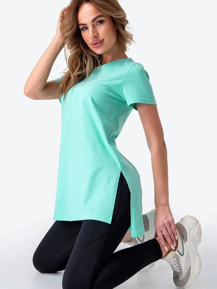 Slit Loose Round Neck Short Sleeve Sweater  Adomoo