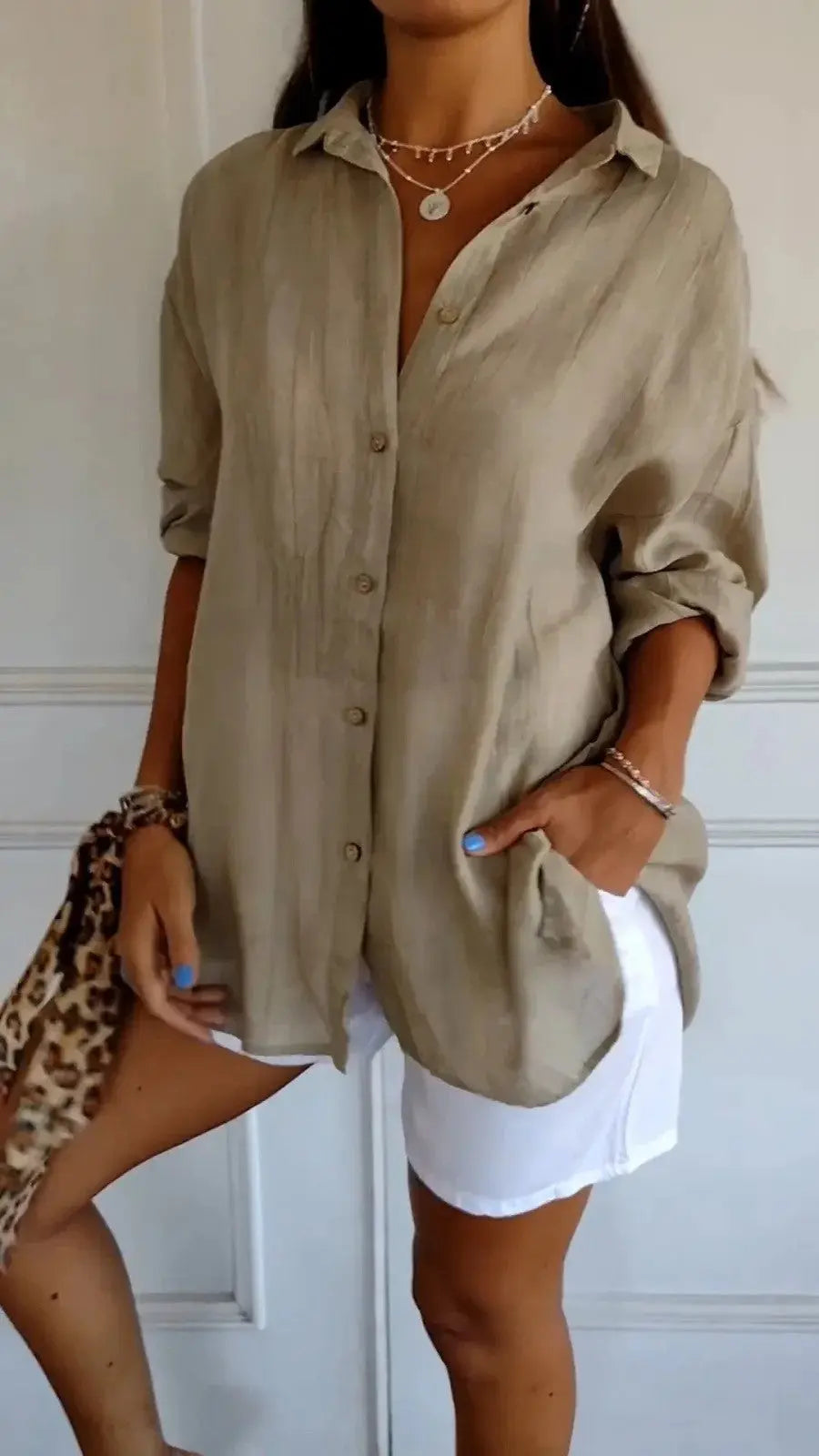 Popular Spring And Summer New Women's Loose Open Button Shirt Solid Color Top  Adomoo