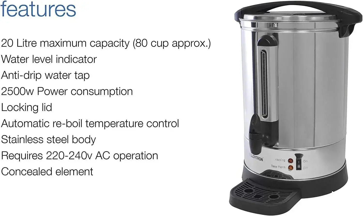 Lloytron Stainless Steel Hot Water Urn 20Ltr  Adomoo
