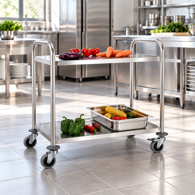 2 Tier Stainless Steel Trolley, Round Tube 1