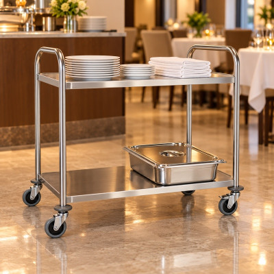 2 Tier Stainless Steel Trolley, Round Tube 1