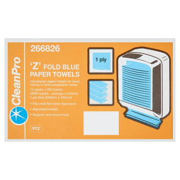 CleanPro 'Z' Fold Blue Paper Towels 1 Ply 12 Packs x 250 Sheets (1 x 12x250s)