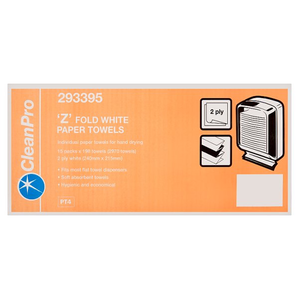 CleanPro 'Z' Fold White Paper Towels 2 Ply 15 Packs 198 Towels (1 x 15x198s)
