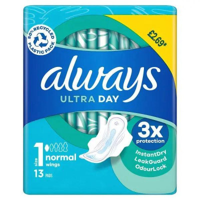Always Ultra Day Pads Normal (S1) Wings x13 [PM £2.69 ] (Case of 24)