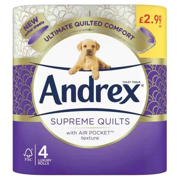Andrex® Supreme Quilts Toilet Tissue, 4 Quilted Toilet Rolls (Case of 6) Andrex® Supreme Quilts Toilet Tissue, 4 Quilted Toilet Rolls (Case of 6)