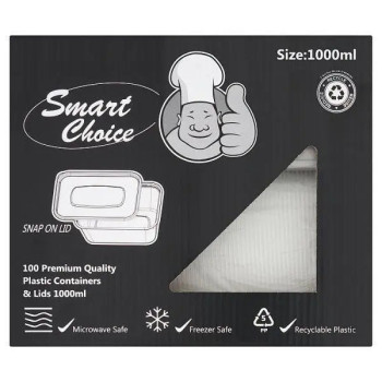 Smart Choice 100 Premium Quality Plastic Containers & Lids 1000ml - Sets of 100