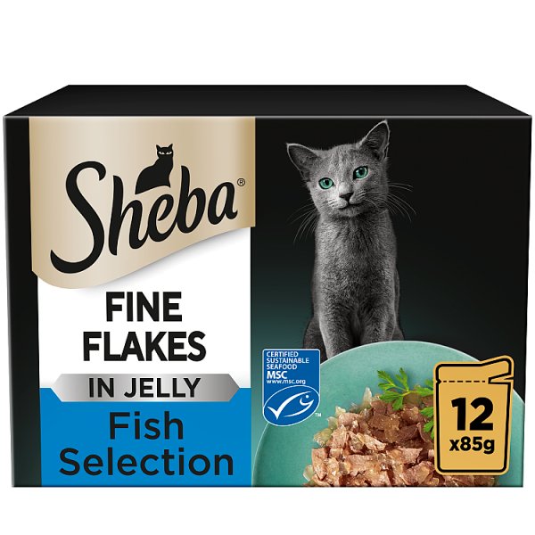 SHEBA® Fine Flakes Adult Wet Cat Food Fish Selection in Jelly 12 x 85g Pouch (4 x 12x85g)