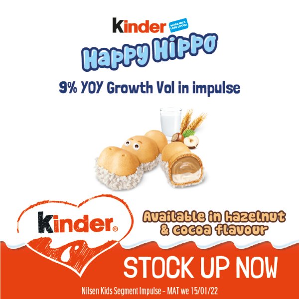 Kinder Happy Hippo Milk & Hazelnut Filling Wafer Biscuit Snack Bar 20.7g (28 x 20.5g)