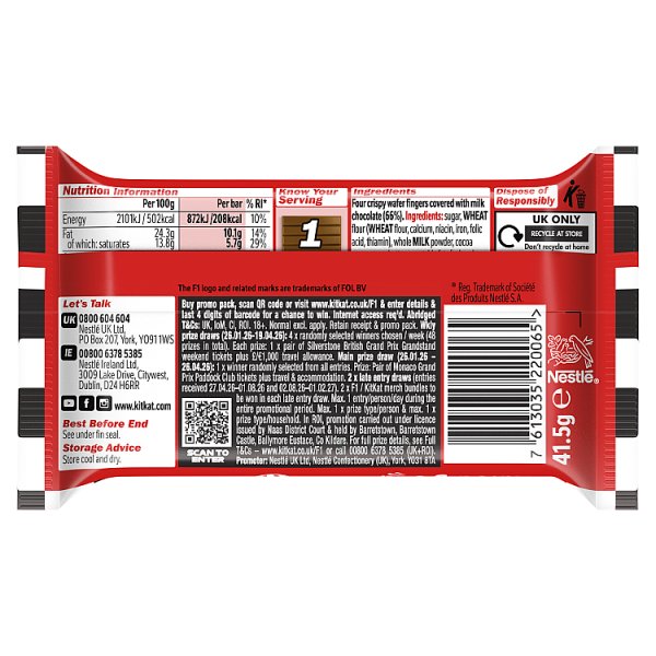KitKat F1 4 Finger Milk Chocolate Biscuit Bar 41.5g (24 x 41.5g)