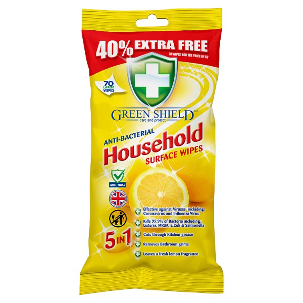 Green Shield Anti-Bacterial Household Surface Wipes 70 Large Wipes (1 x 70pk) Green Shield Anti-Bacterial Household Surface Wipes 70 Large Wipes (1 x 70pk)