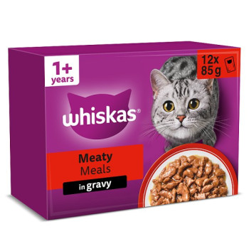 WHISKAS 1+ MEATY Meals Wet Cat Food Pouches in Gravy 12 x 85g (4 x 12x85g)