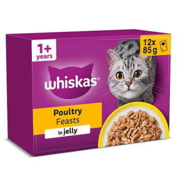 WHISKAS 1+ POULTRY Feasts Wet Cat Food Pouches in Jelly 12 x 85g (4 x 12x85g)