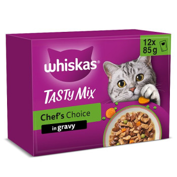 WHISKAS 1+ TASTY MIX Chefs Choice Wet Cat Food Pouches in Gravy 12 x 85g (4 x 12x85g) WHISKAS 1+ TASTY MIX Chefs Choice Wet Cat Food Pouches in Gravy 12 x 85g (4 x 12x85g)