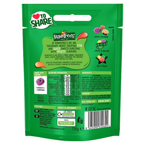 Rowntree's Fruit Pastilles Sweets Sharing Bag 114g PMP £1.25 (10 x 114g)