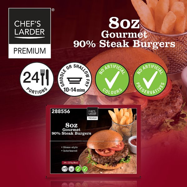 Chef's Larder Premium 8oz Gourmet 90% Steak Burgers 24 x 227g (1 x 24x227g)