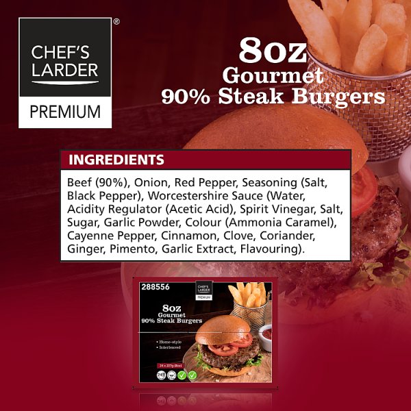 Chef's Larder Premium 8oz Gourmet 90% Steak Burgers 24 x 227g (1 x 24x227g)