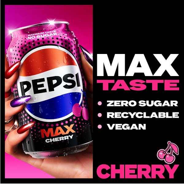 Pepsi Max Cherry No Sugar Cola PMP Can 330ml (24 x 330ml)