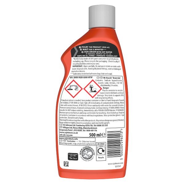 Mr Muscle Drain Gel Plughole Unblocker 500ml PMP (6 x 500ml)