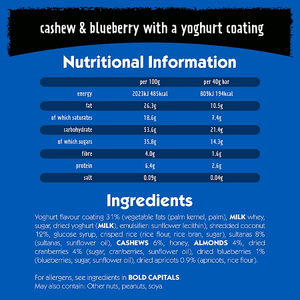 Eat Natural Cashew & Blueberry with a Yoghurt Coating Fruit & Nut Bars 40g (12 x 40g) Eat Natural Cashew & Blueberry with a Yoghurt Coating Fruit & Nut Bars 40g (12 x 40g)