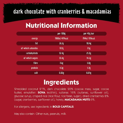 Eat Natural Dark Chocolate with Cranberries & Macadamias Fruit & Nut Bars 40g (12 x 40g)