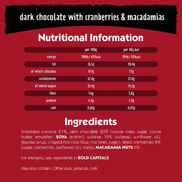 Eat Natural Dark Chocolate with Cranberries & Macadamias Fruit & Nut Bars 40g (12 x 40g)