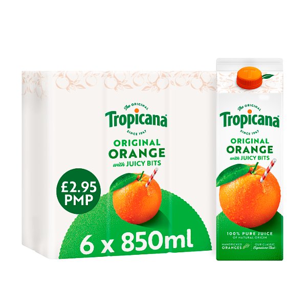 Tropicana Original Orange with Bits Fruit Juice 850ml (6 x 850ml)
