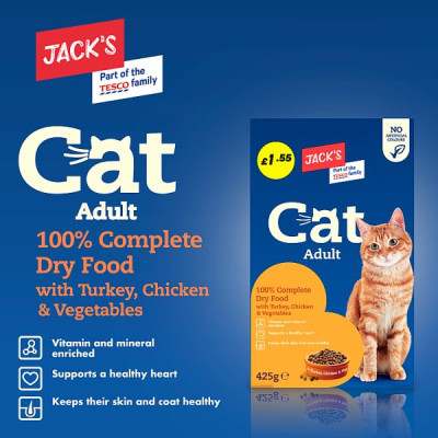 Jack's Cat Adult 100% Complete Dry Food with Turkey, Chicken & Vegetables 425g (8 x 450g) Jack's Cat Adult 100% Complete Dry Food with Turkey, Chicken & Vegetables 425g (8 x 450g)