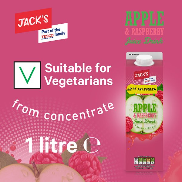Jack's Apple & Raspberry Juice Drink from Concentrate 1 Litre (6 x 1ltr)