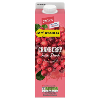 Jack's Cranberry Juice Drink from Concentrate 1 Litre (6 x 1ltr)
