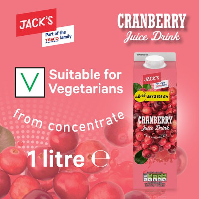 Jack's Cranberry Juice Drink from Concentrate 1 Litre (6 x 1ltr)