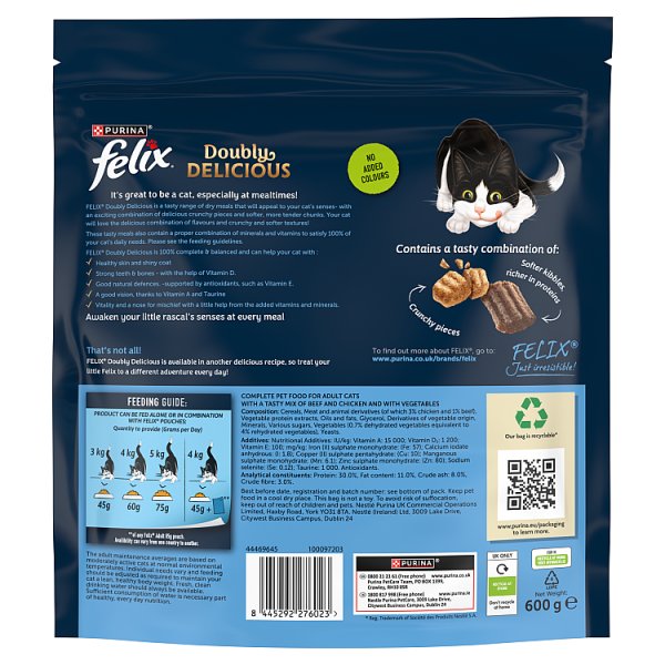 FELIX Doubly Delicious Beef, Chicken & Veg Dry Cat Food 600g PMP (4 x 600g)