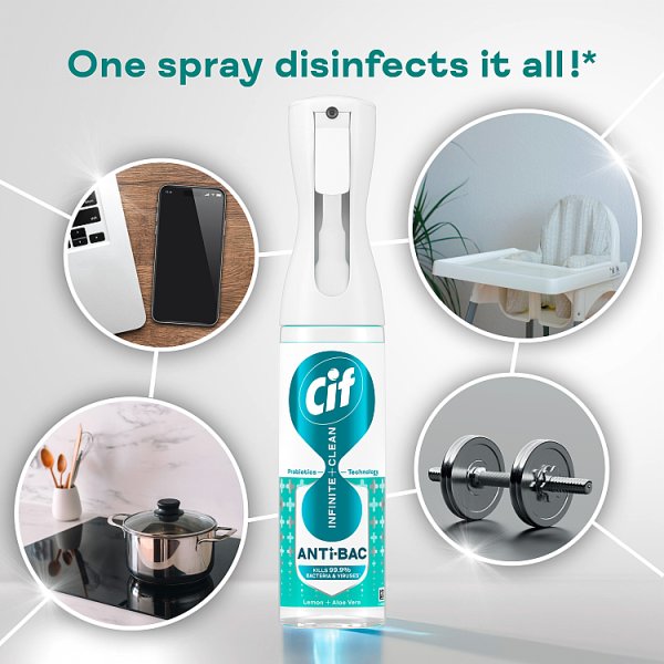 Cif Infinite Clean Lemon & Aloe Vera Anti-Bac Cleaner Spray 280 ml (6 x 280ml) Cif Infinite Clean Lemon & Aloe Vera Anti-Bac Cleaner Spray 280 ml (6 x 280ml)